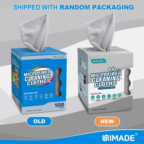 Comparison of old and new packaging of Microfiber Cleaning Cloths 100 Sheets 11x9 Grey Lint Free For Garage Auto Care
