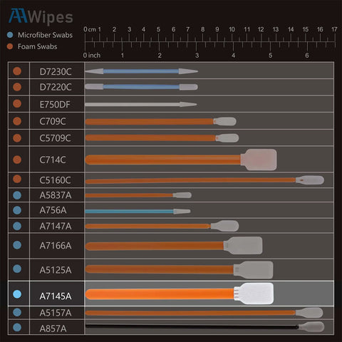 Chart showing Cleanroom Ready 5 Inch Swabs, pack of 100, with lint-free microfiber double layer knitted heads, 125 mm length and 14.5 mm orange flat heads.