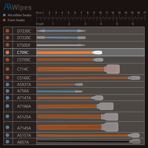 Chart comparing lengths of microfiber and foam swabs by AW Wipes, featuring various models and dimensions.