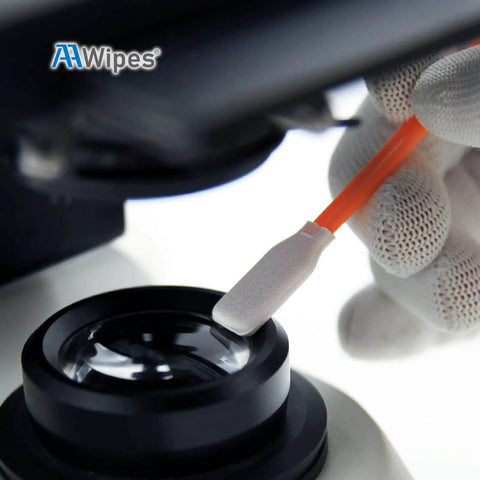 Using lint free lab swabs 4.8 inch with double layer knitted microfiber heads 12 mm wide for cleanroom use on microscope lens