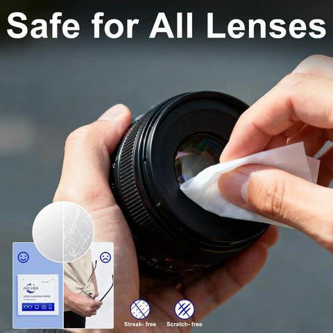 Person using Individually Wrapped Microfiber Lens Wipes For Glasses Sunglasses And Cameras to clean a camera lens.