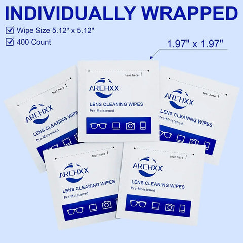 Image of individually wrapped microfiber lens wipes for glasses, sunglasses, and cameras with packaging showing dimensions and count.