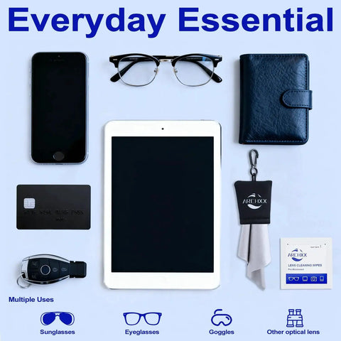 Individually Wrapped Microfiber Lens Wipes For Glasses Sunglasses And Cameras shown with everyday items like smartphone and eyeglasses.