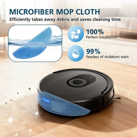 Replacement Parts Kit For G8000 Max And L8000 Pro Robot Vacuums Includes 2 Main Brushes 6 Side Brushes 6 HEPA Filters And 6 Mop Pads Compatible With G8000 Max And L8000 Pro 2025 Version For Easy Maintenance showing microfiber mop cloth on robot vacuum.