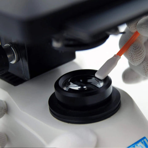 Using 10 In 1 Cleaning Swab Kit For Printer And Optics on a microscope lens, showing lint-free foam swab in action.