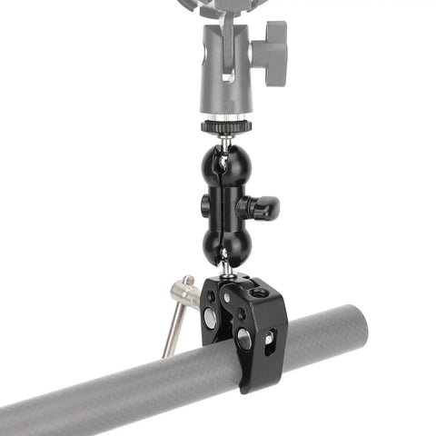 Dual 360 Degree Mini Ball Head Microphone Clamp Set with 5/8-27 Mic Screw Mounts securing to a pole, showing aluminum alloy build