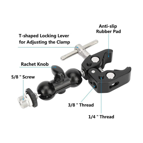 Dual 360 Degree Mini Ball Head Microphone Clamp Set with 5/8-27 Mic Screw Mounts, anti-slip pad, and T-shaped locking lever.