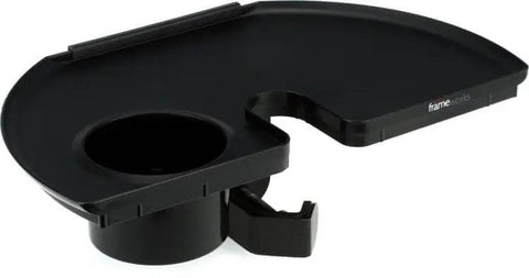 Microphone Stand Accessory Tray With Drink Holder And Guitar Pick Tab For Easy Access During Performances, 12 By 7 Inches, Fits Stands Up To 1.38 Inches Diameter, black tray close-up