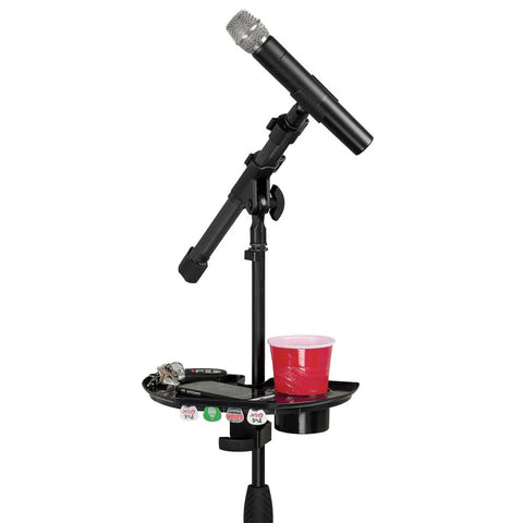 Microphone Stand Accessory Tray With Drink Holder And Guitar Pick Tab For Easy Access During Performances, 12 By 7 Inches, Fits Stands Up To 1.38 Inches Diameter
