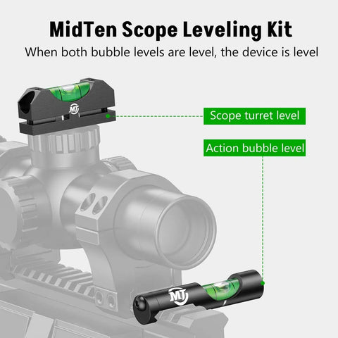 Dual Bubble Scope Leveling Kit From MidTen With Magnetic Level For Anti Cant Precision Scope Calibration On Standard Picatinny Rails Black Built To Help You Level Your Rifle Scope Fast And Stay Hundred Percent Accurate In The Field shown on rifle scope with dual bubbles