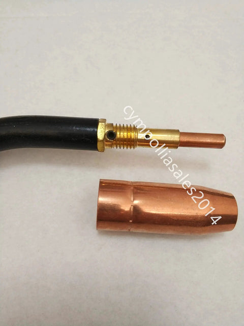 Close-up of MIG Welding Gun And Torch 10 Foot 150 Amp Replacement For Lincoln Weld Pak Series with copper nozzle and connector