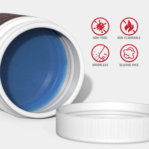 Open 16 oz can of Welding Nozzle Gel For MIG Anti Spatter Dip Gel showing blue gel and non-toxic, odorless features listed