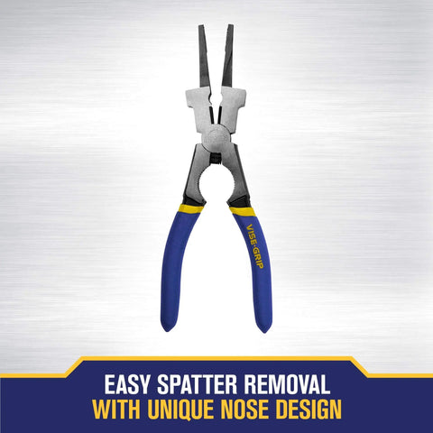 MIG Pliers Pro Grade 8 Inch With Spatter Removal Nose And Induction Hardened Cutting Edge, front view on white background.