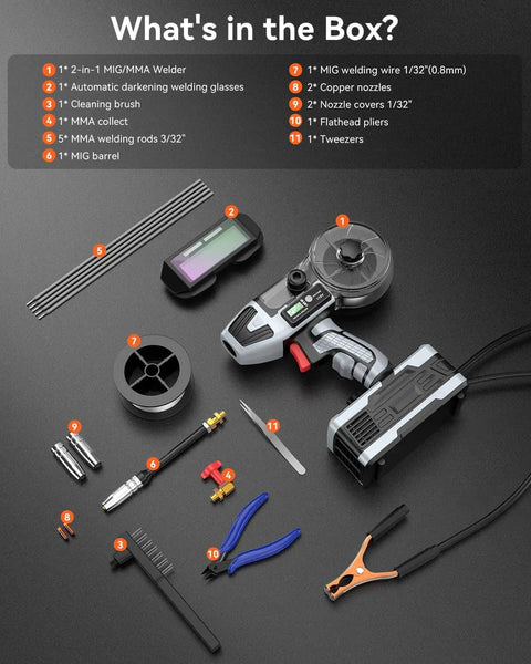 Box contents of 2 In 1 Handheld MIG And Stick Welder For Home DIY And Farm Repair PLOWIC 250A Portable 110V Gasless Flux Core Welder