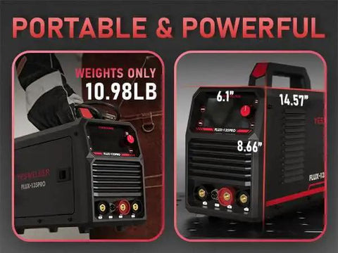 3 In 1 135 Amp MIG Welder With Flux Core 110V IGBT Inverter showing dimensions of 6.1" x 8.66" x 14.57" and weight 10.98 lbs