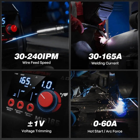 165A 4 In 1 MIG TIG MMA Welder Dual Voltage 110V 220V with LED Display showing welding adjustments and performance capabilities