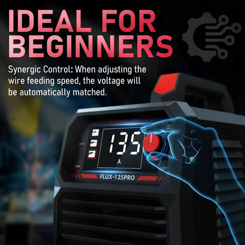 Close-up of LED display on 3 In 1 135 Amp MIG Welder With Flux Core 110V IGBT Inverter, highlighting ideal settings for beginners.