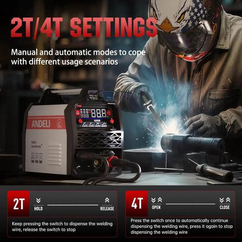 Welder using dual voltage 110V 220V MIG welder with large LED display for MIG, TIG, and MMA welding, shown in action with settings.