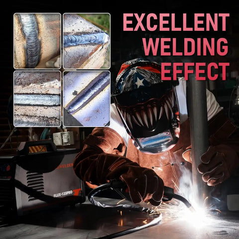 Welder using 3 In 1 135 Amp MIG Welder With Flux Core 110V IGBT Inverter, excellent welding effects shown, large LED display unit visible