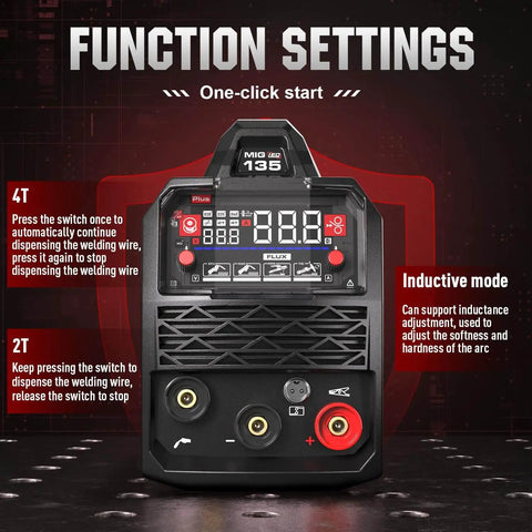 Front view of Dual Voltage 110V 220V MIG Welder With Large LED Display showing function settings and 2T 4T modes.