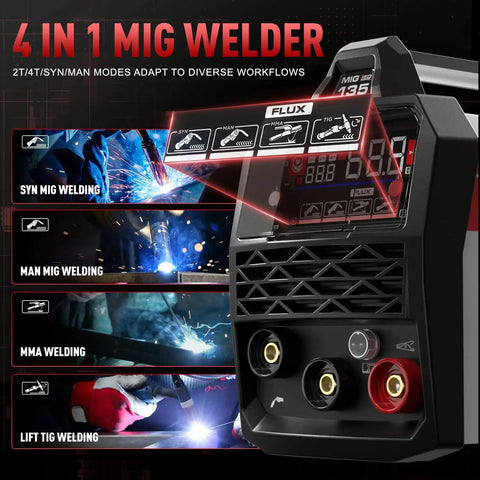 Close-up of Dual Voltage 110V 220V MIG Welder With Large LED Display showcasing 3 in 1 Flux Core MIG, Lift TIG, MMA welding functions