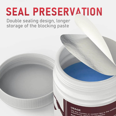 Open can of Welding Nozzle Gel For MIG Anti Spatter Dip Gel showing blue gel and seal, highlighting preservation feature.