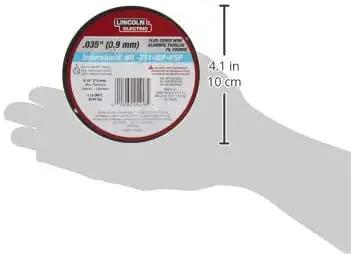 MIG Welding Wire 0.035 NR-211 MP Flux Core for Mild Steel spool held in hand, showing size and label details.