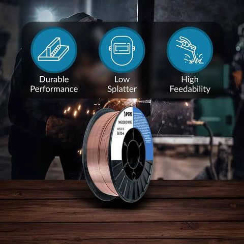 ER70S-6 Solid MIG Welding Wire.035 Inch 10 Pound Spool in workshop setting with durability and low splatter features highlighted