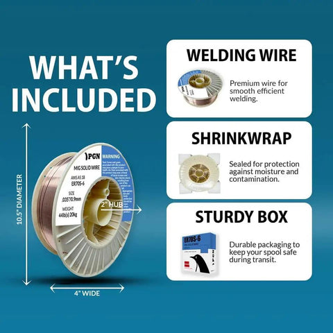 Solid ER70S-6 MIG Welding Wire For All Position Gas Welding.035 Inch, 44 Pound Spool With Low Splatter And High Deoxidizers For Easy Arc Control On Mild Steel, Shatterproof ABS Spool PGN with packaging details.