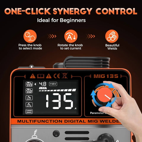 Close-up of 135A Flux Core MIG Welder 110V Gasless Portable 3 In 1 Welding Machine's LED display and control knob
