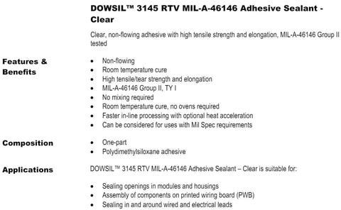 Image showing clear, non-flowing adhesive details for Mil-Spec Clear RTV Silicone Adhesive Sealant, Mil-A-46146 Group II TY I.