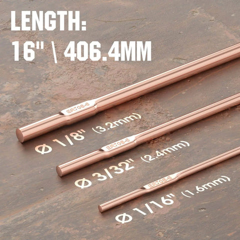 Mild Steel ER70S-6 Copper Coated Shielded Gas MIG Welding Rod For Top Notch Welds On Structural And Fabrication Projects 1 By 16 Inches 5 Lb YesWelder displayed with size options on metal background.