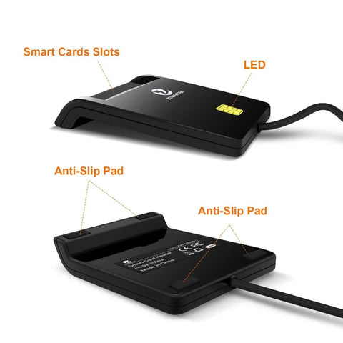 Side view of CAC Card Reader Military, Smart Card Reader DOD Military USB Common Access CAC with LED light and anti-slip pad.