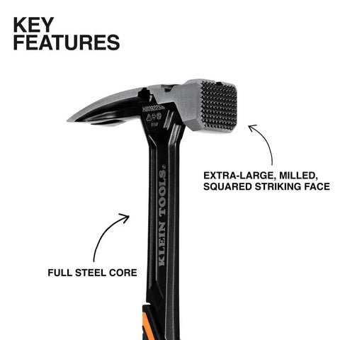 22 Ounce Milled Face Framing Hammer With Straight Claw For Precision Framing And Strong Driving Forged Steel Construction Magnetic Nail Starter And Extra Large Squared Strike Face Designed For Pro Carpentry And Rough Framing Tasks, side view with highlighted features.