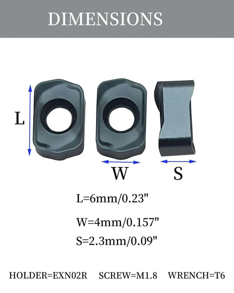 Dimensions of Ten Piece Milling Inserts LNMU020209ZNER ZM1125 Carbide Inserts With PVD Coating shown in three views