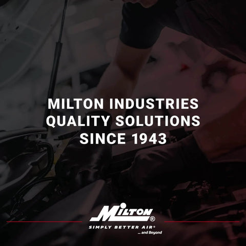 Person performing maintenance with Milton Industries text overlay "Quality Solutions Since 1943" in workshop setting.
