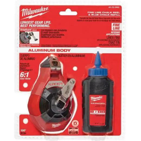 Milwaukee Chalk Line Reel Set F in packaging, includes 100 ft blue line, aluminum body, and blue chalk refill for precise layout.