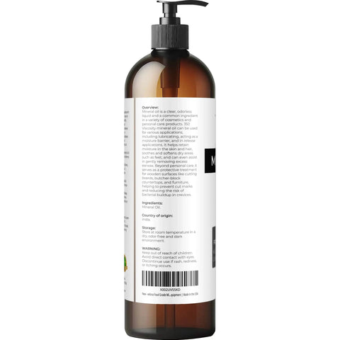 Back view of brown 8 oz bottle with label, Food Grade Mineral Oil 350 Viscosity NF USP Grade great for cutting boards, made in USA