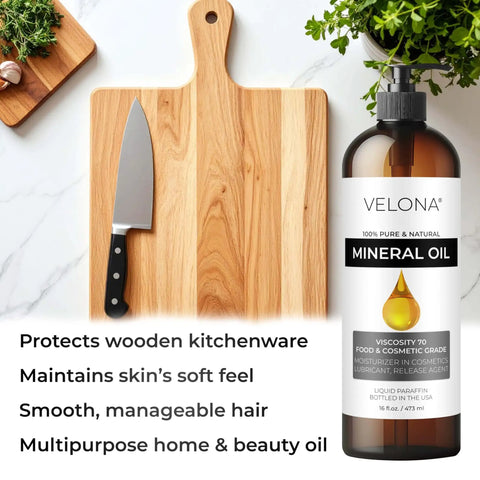 Food Grade Mineral Oil 70 Viscosity NF USP Grade 8 Fl Oz bottle next to cutting board and knife, promotes wood protection.
