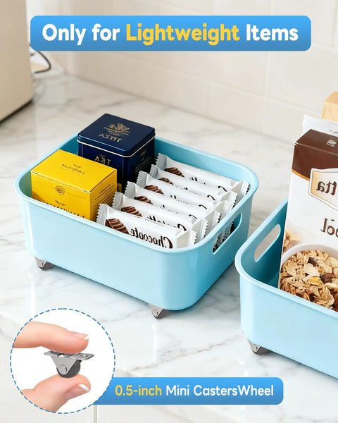 Mini Low Profile 0.5 Inch Caster Wheels Self Adhesive And Screw Mounted Rubber Casters under blue tray with snacks