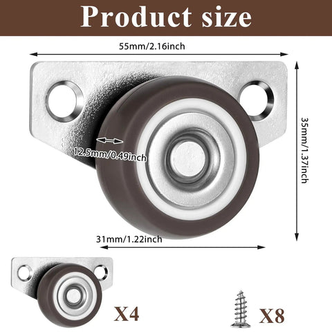 Mini Side Mount Casters 1.25 Inch With Mounting Screws For Furniture Rolling Cabinets Drawers Trundle Beds And Small DIY Projects Space Saving Low Profile Casters With Premium Steel Construction 4 Pieces For Under Bed Storage And Lightweight Furniture.