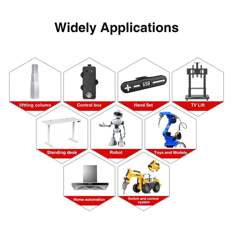 Collage of mini electric linear actuator applications in robotics, home automation, and control systems, including robots and desk lifts.