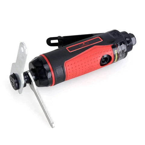 Red and black 1/4 Inch Mini Air Straight Die Grinder AP17314 with attached shield, showing ergonomic grip and safety-lock throttle.