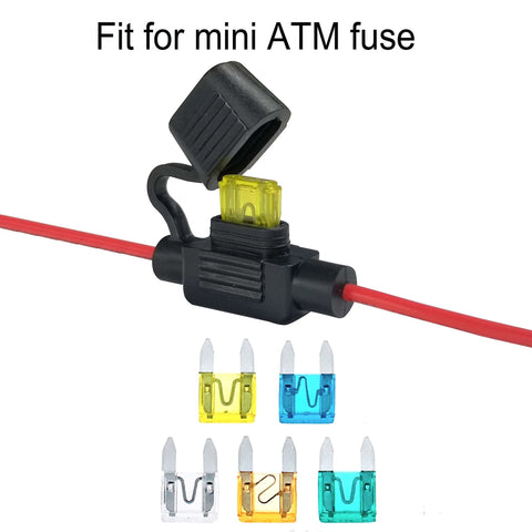 Waterproof Mini Inline Fuse Holder with 20 gauge wire 12 inch leads shown with ATM blade small fuses and IP65 dustproof cap