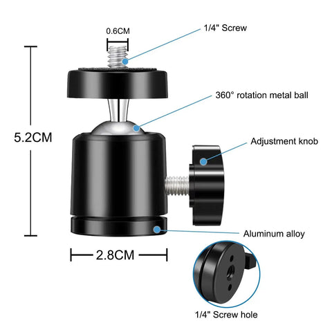 Diagram of Six Pack Mini Universal Ball Heads For Tripods And Mounts With One Quarter Inch Thread 360 Degree Rotation And 90 Degree Tilt