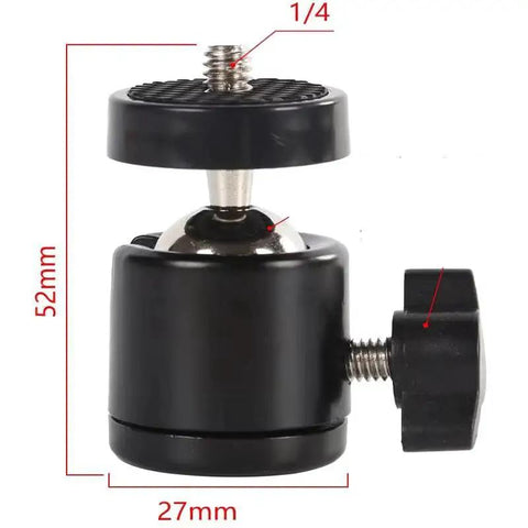 Close-up of black mini ball head mount with 1/4 inch thread, dimensions marked, part of Three Pack Mini Ball Head Mounts with 360 Degree Rotation.