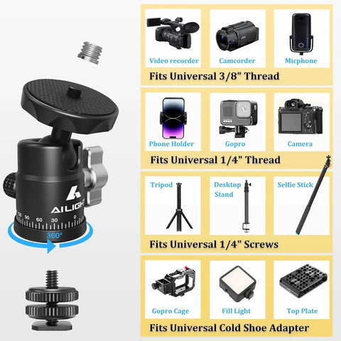 Mini Ball Head For Tripods With 360 Degree Panoramic Rotation And 135 Degree Tilt showing universal screw adapters and mounts