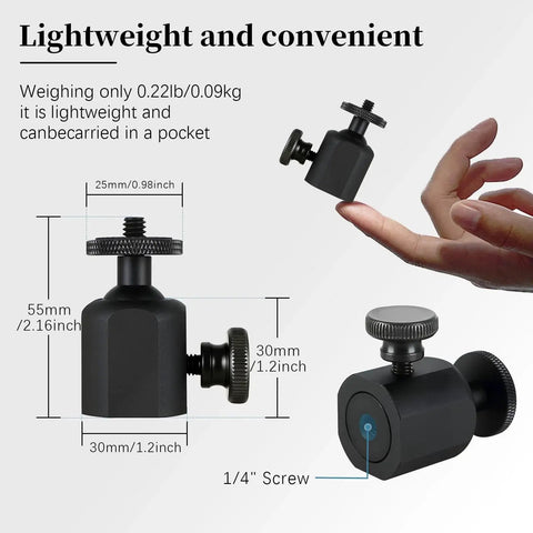 Dimensions of Universal Tripod Ball Head With One Quarter Inch Thread Mount 360 Degree Rotatable And Ninety Degree Tilting shown