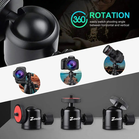 Mini Ball Head With 1/4 Inch And 3/8 Inch Screw Mount For Cameras DSLRs Monopods Sliders And Tripods, close-up of design and use.