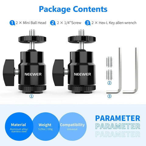 Package contents of Mini Ball Head With Cold Shoe And One Quarter Inch Screw Pack Of Two, including screws and hex keys, on white background.